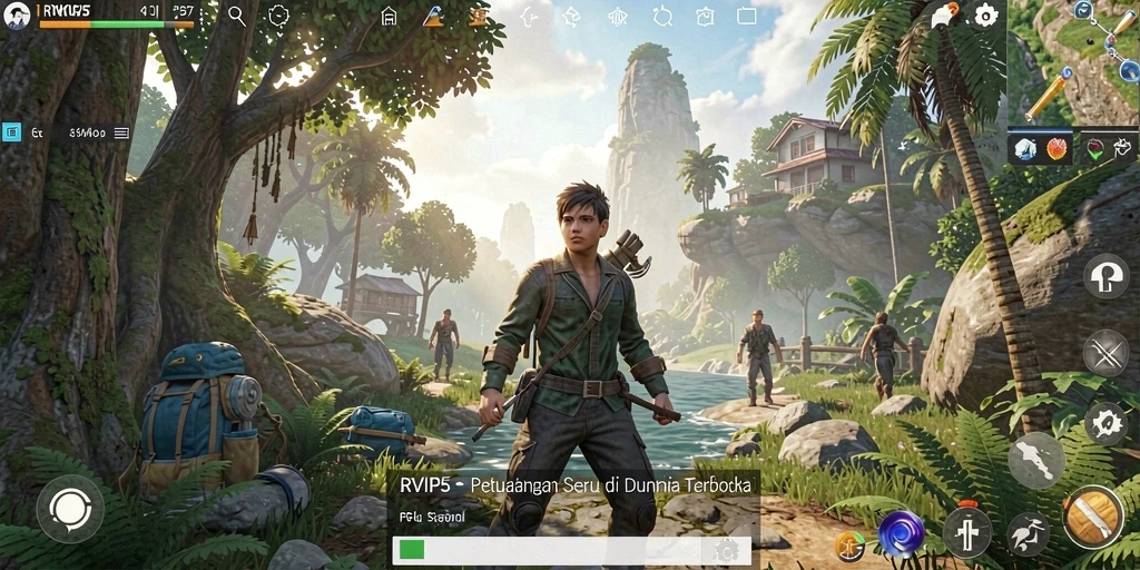 Screenshot RVIP5 menampilkan petualangan seru di dunia terbuka.